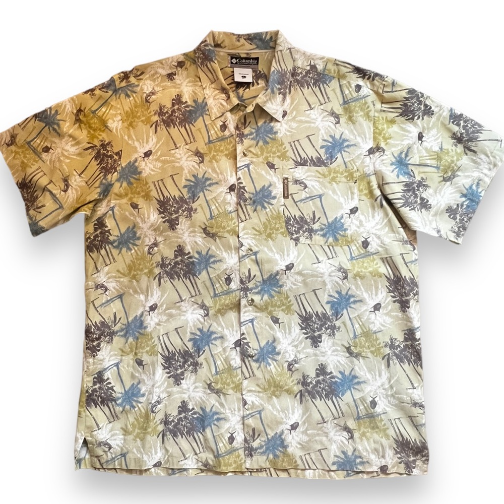 Columbia Men's Hawaiian Blend Button-Up Short Sleeve Shirt Size Large Palm Trees